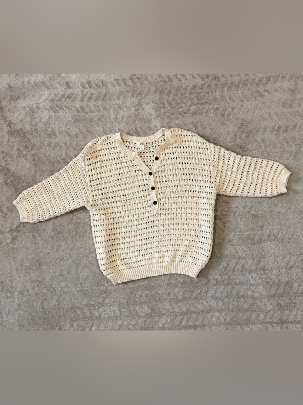 ana Womens Crochet Sweater Medium Cream Ivory Open Knit Henley Pullover